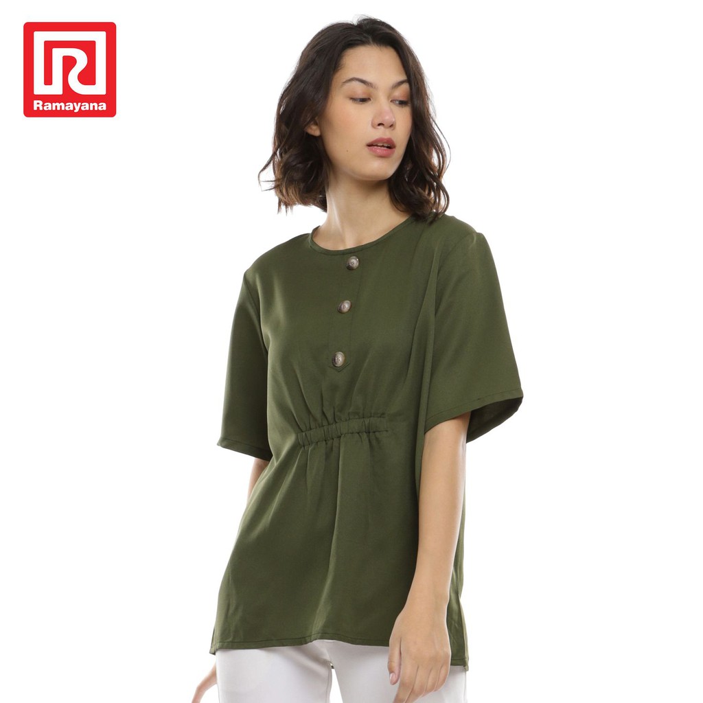 Ramayana - JJ Jeans Blouse Wanita Kancing Kombinasi Kerut S/S B042028 Biru M-hijau