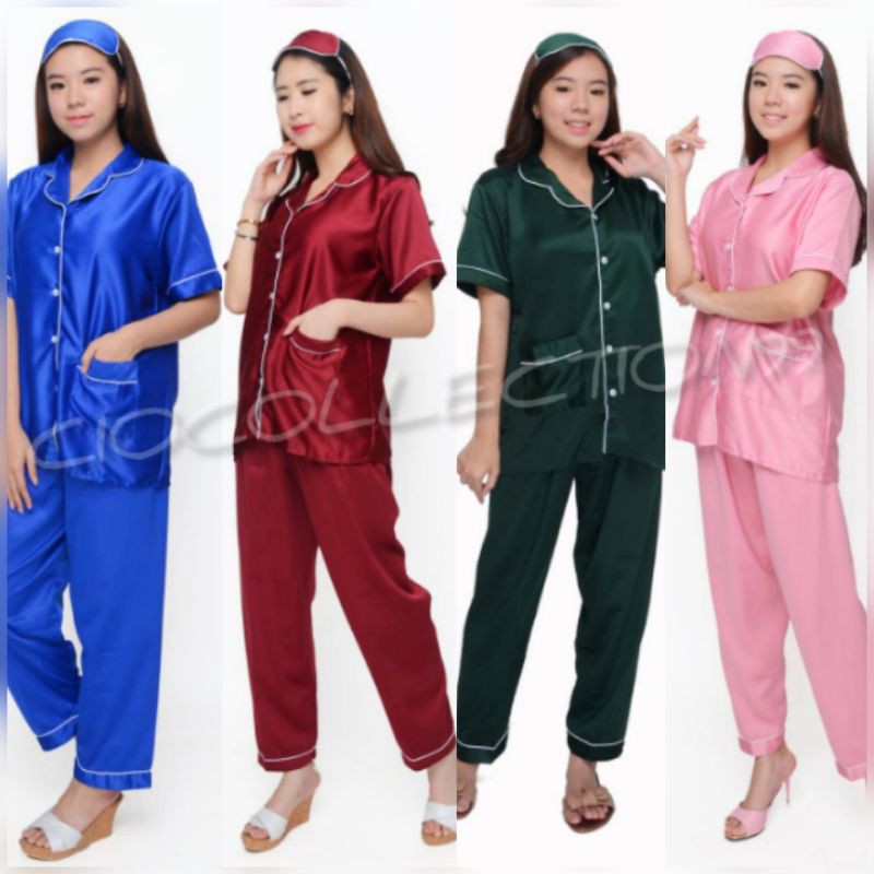 Piyama Baju Tidur Satin Polos Dewasa Celana Panjang Lengan Pendek Piama Dewasa