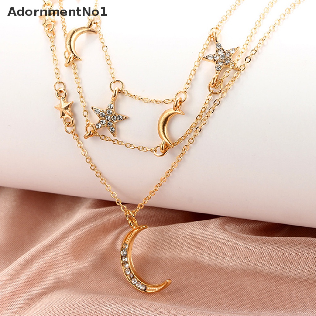 (AdornmentNo1) Kalung Choker Rantai Banyak Lapis Dengan Liontin Bulan + Bintang Warna Emas Untuk Wanita