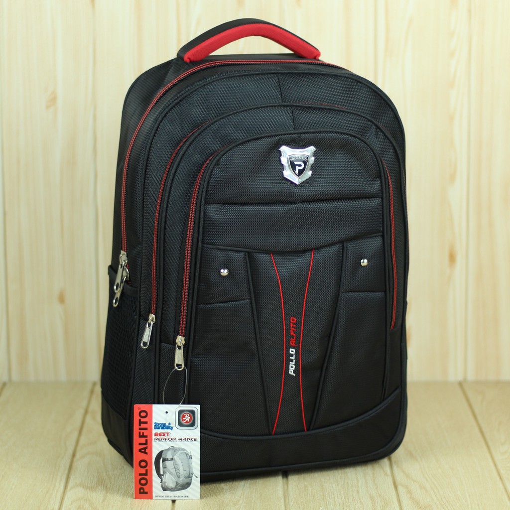 Tas Gendong Pria Alfito Bordir Hitam Merah Back Pack Laptop Keren Kece Free Rain Cover Kuat Awet