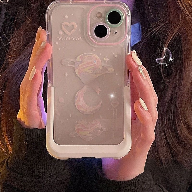 Case Desain Planet Krim Warna Pink Untuk iPhone 12 13 14 11 Pro Max X Xs Max Xr