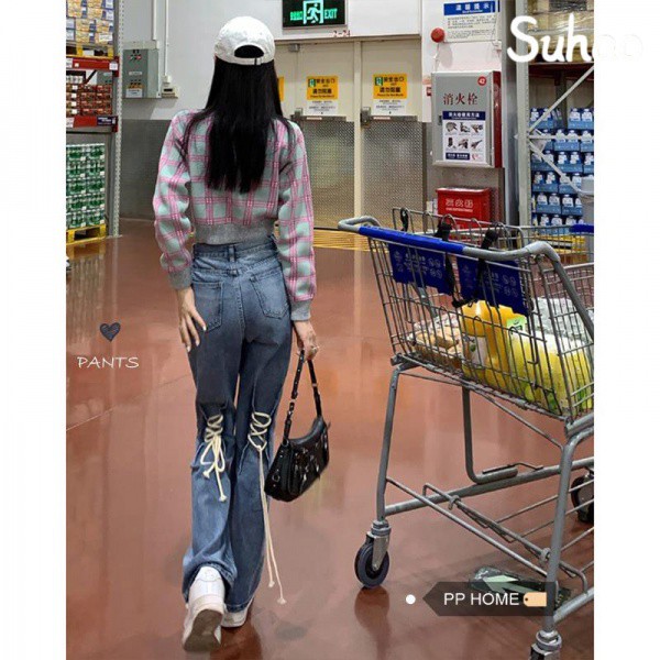 Suhao Microflared Jeans Wanita Musim Semi dan Musim Gugur Baru Spice Girl Tinggi Pinggang Lurus Terlihat Slim Tinggi Band