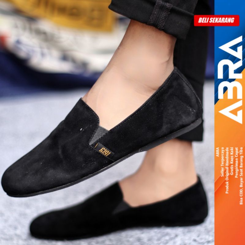 Sepatu Slip On Pria Casual Formal Kulit Suede Kerja Santai Hitam Polos Cord ABRA