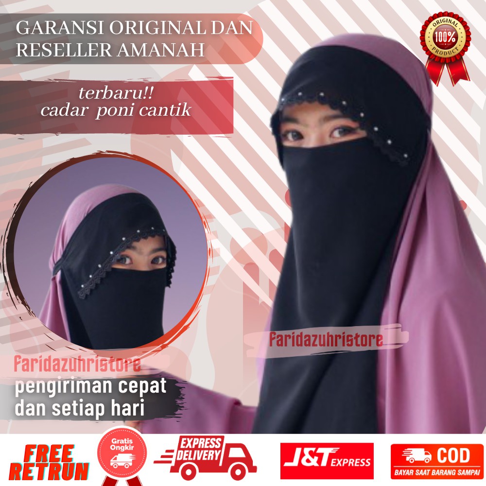 Cadar Niqab Niqob Poni Yaman Long Purdah Kancing Renda Manik Hiden Sifon Silk Jetblack Murah Premium