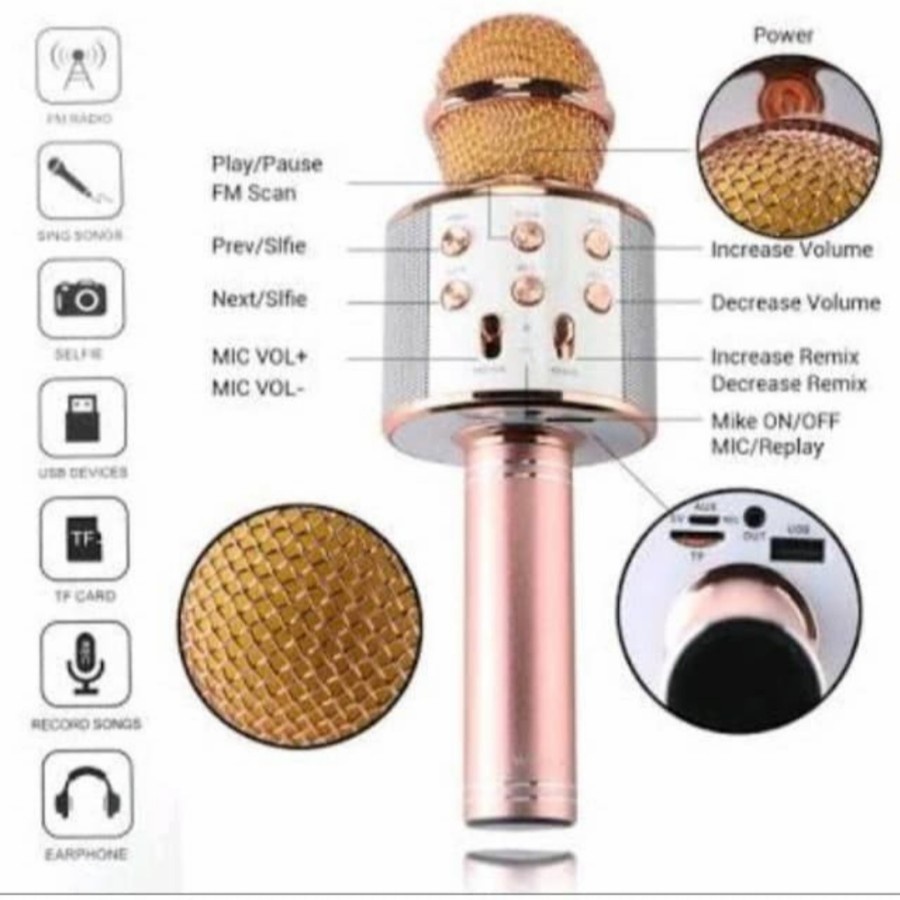 Mic Karaoke Bluetooth Kekinian Fleco WS 858 Original Microphone USB TF