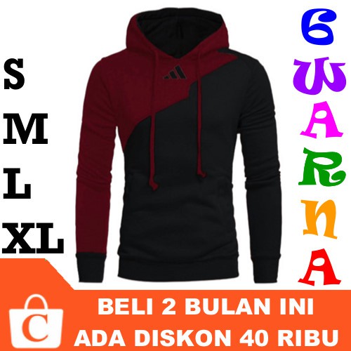 6 WARNA S M L XL - Jaket Hoodie Pria Lengan Panjang Polos Sablon Logo MERAH MAROON Kombinasi HITAM