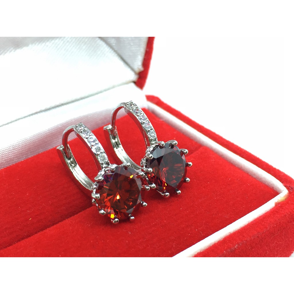 Anting Hoop Silver Batu Bulat Merah Berlian CZ Fashion Korea - BE070M