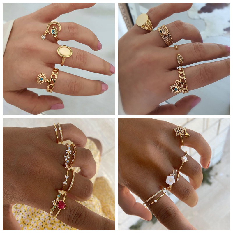 7 Pcs / Set Cincin Jari Desain Hati Bunga Bintang Aksen Kristal Mutiara Berlian Imitasi Bahan Alloy Untuk Wanita