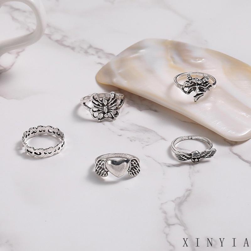 【COD】5pcs / Set Cincin Model Terbuka Desain Kupu-Kupu Hati Hollow Out Gaya Vintage