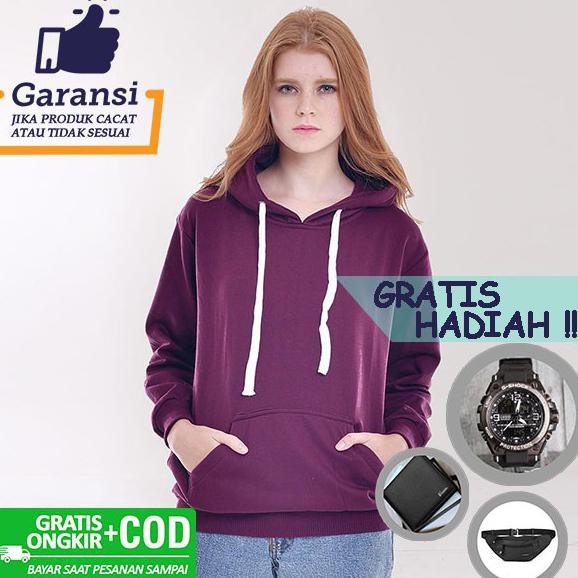 Produk Terbaru Jaket Hoodie Jumper Sweater Polos Pria Wanita Ungu Burgundi Tebal - Ungu Burgundy, M