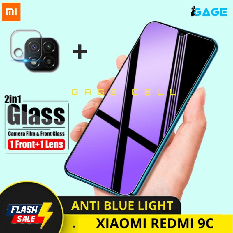 2IN1 TEMPERED GLASS ANTI BLUE LIGHT RAY XIAOMI REDMI 9C FULL LAYAR KAMERA SCREEN PROTECTOR