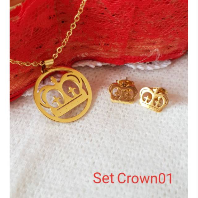 SET Kalung &amp; Anting Crown Titanium Import Anrikarat Selamanya SG04