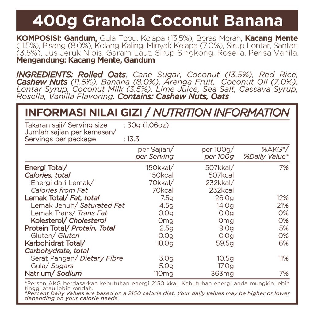 GRANOLA WITH CASHEWS - COCONUT BANANA 400 GR - EAST BALI CASHEWS (YAVA)