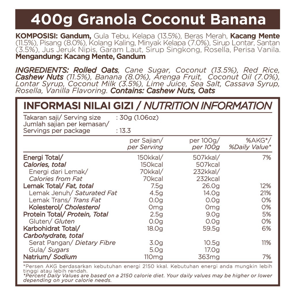 GRANOLA WITH CASHEWS - COCONUT BANANA 400 GR - EAST BALI CASHEWS (YAVA)