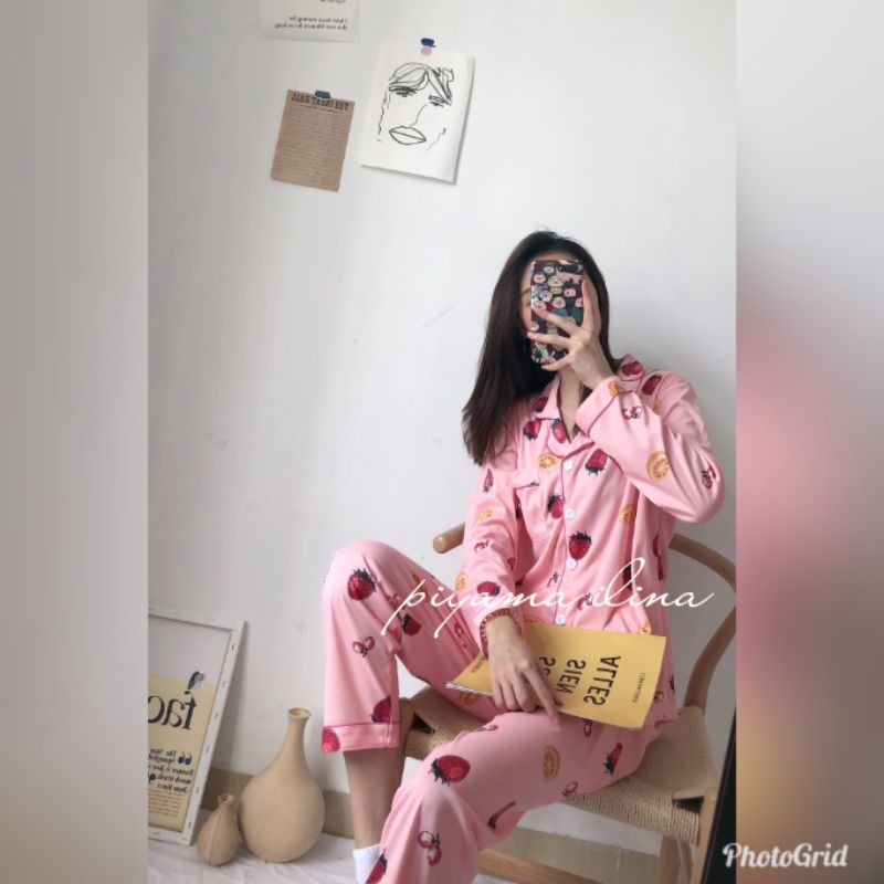 DW-45PP Piyama Wanita Dewasa/ Baju Tidur Wanita Bahan Kaos Import Motip strawberry