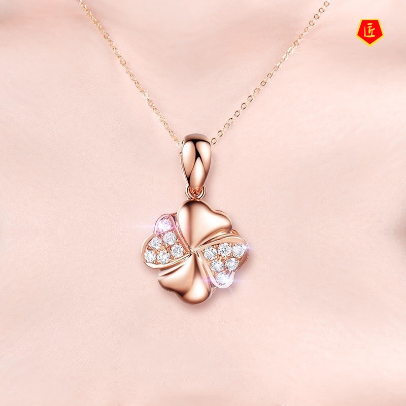 [Ready Stock]Four-Leaf Clover Pendant 925 Silver Necklace Women's Sweet Flowers Diamond