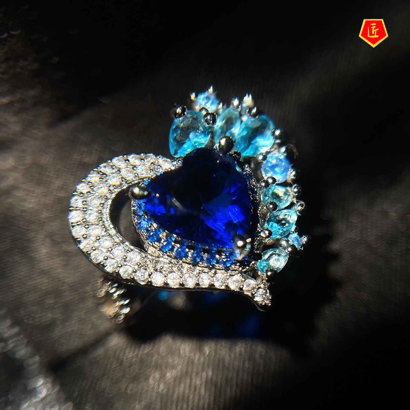 [Ready Stock]High-End Temperament Heart-Shaped Sapphire Open Ring for Women