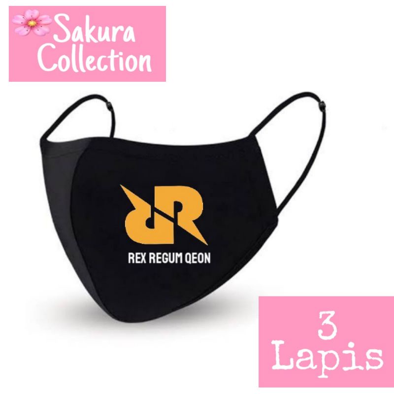 Masker LOGO TULISAN RRQ/ black 3ply Earloop headloop / scuba anak pria wanita anak dewasa / masker hitam kain 3 lapis