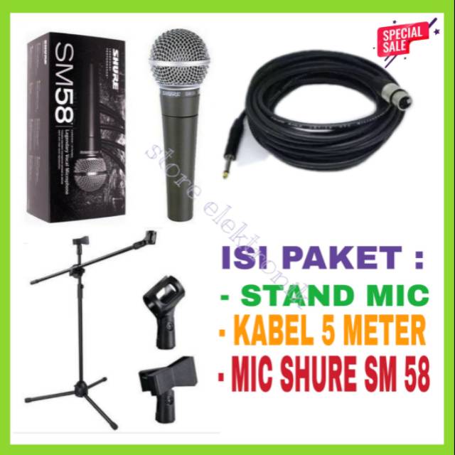 Paket Mic Kabel SHURE SM 58 Plus Kabel 5 Meter Dan Stand mic Berdiri
