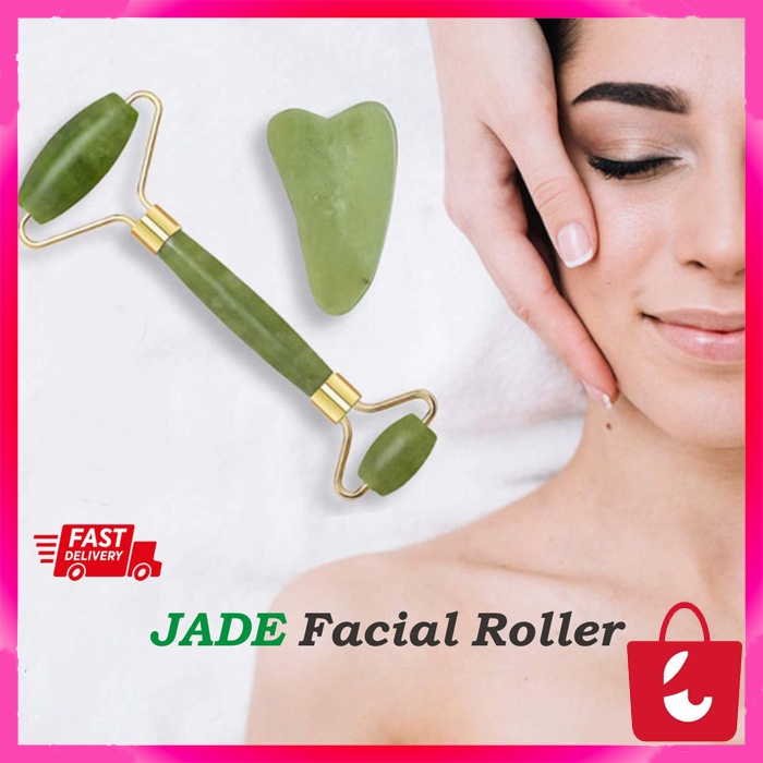 [100% Asli] Jade Roller &amp; Gua Sha Face Roller / Alat Pijat Muka Wajah Facial Massager / Pengencang Terapi