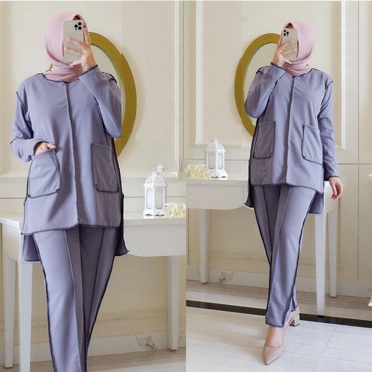 PAKAIAN FASHION MUSLIM WANITA SETELAN CELANA SET POLOS MIANE TERBARU DMR
