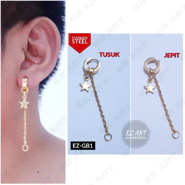 1Pc Model EZ-GB Gold Emas Anting Pria dan Wanita Jepit Tusuk Variasi Bandul Bintang Star + Rantai