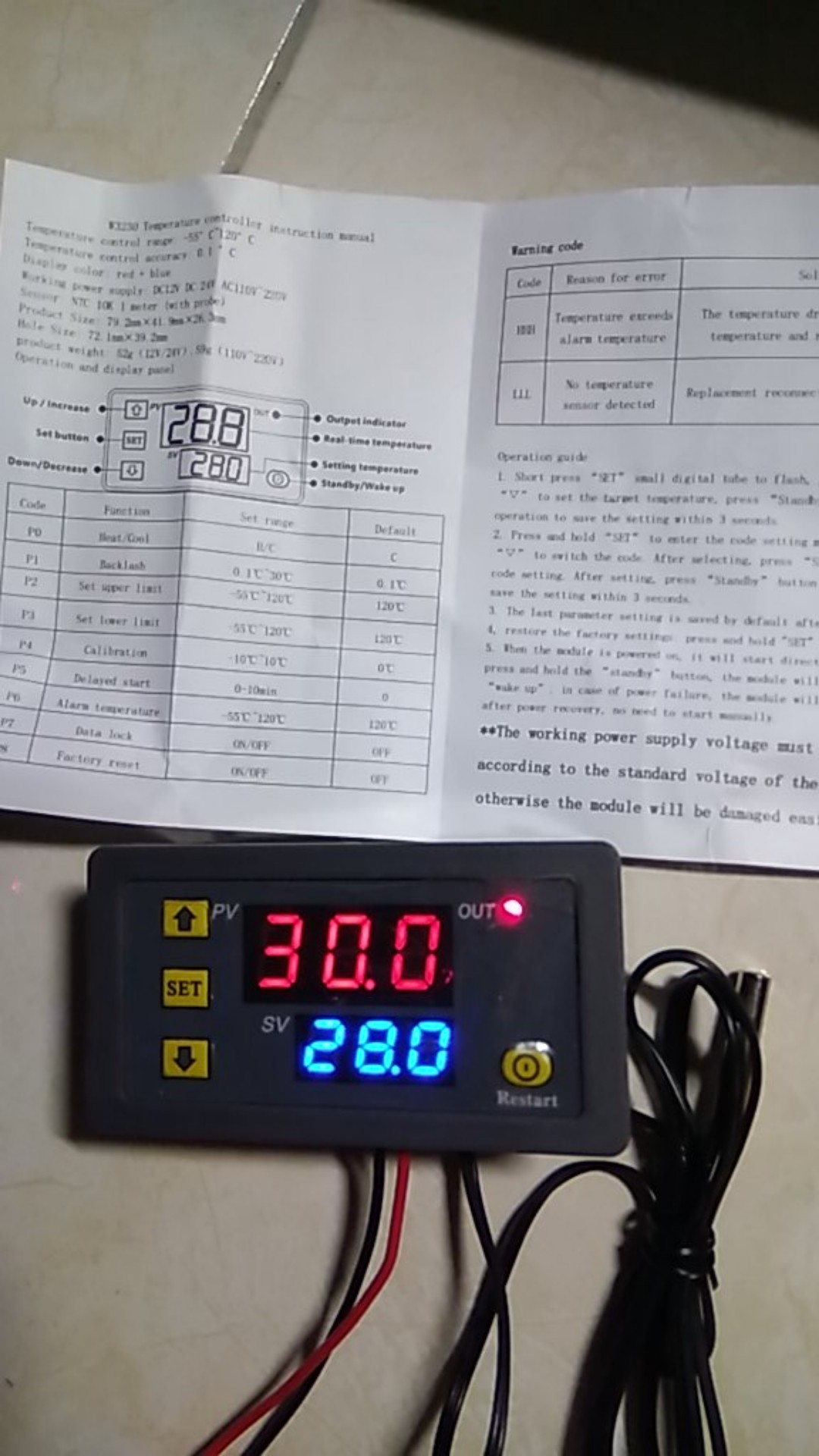 Thermostat Pengontrol Temperatur Digital Lcd W3230 Dc 12v / 24v 20a Ac 110v-220v 10a Dengan Probe