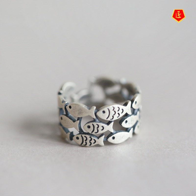 [Ready Stock]925 Silver Retro Fish Wide Ring Cute Personality