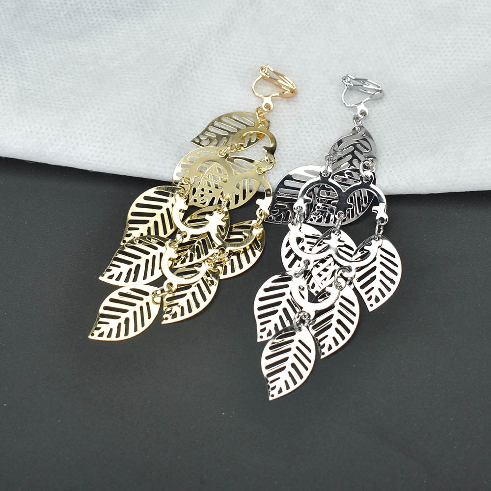 Anting Klip Tanpa Tindik Bentuk Daun Multilayer Bahan Metal Warna Goldsilver Untuk Wanita