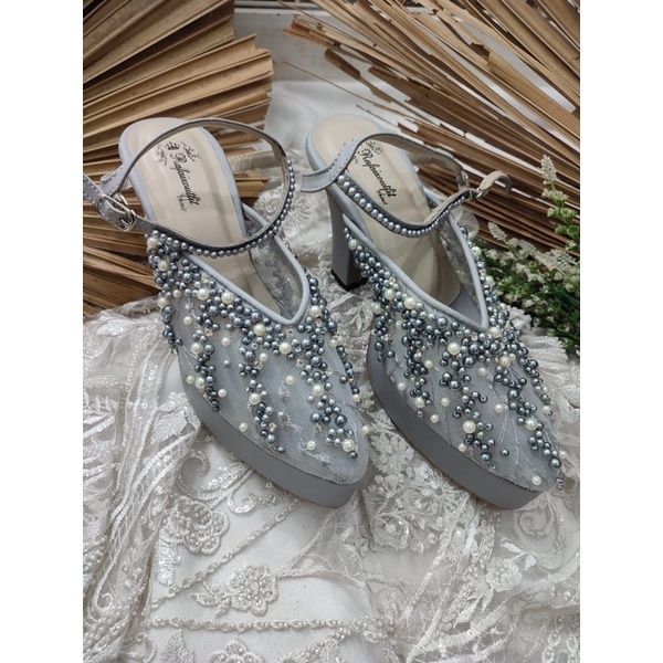 sepatu wedding wanita kiasya grey tali 10cm tahu