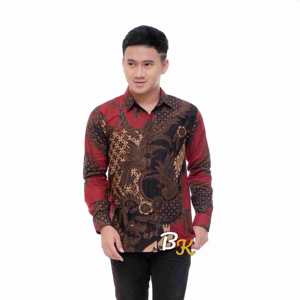 Batik Pria Lengan Panjang BATIK BERKAH HRB026 motif KERATONAN Kode 002 size M L XL XXL Reguler-glatik merah