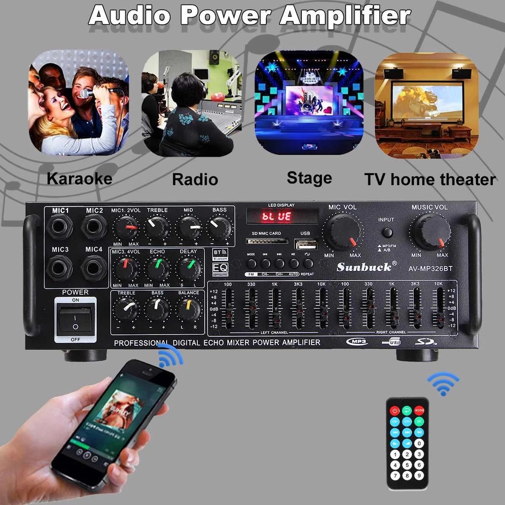 (COD/Bayar Di Tempat) Sunbuck Amplifier Audio Ampli Karaoke Equalizer Bluetooth Stereo Treble Bass Booster 2000 Watt