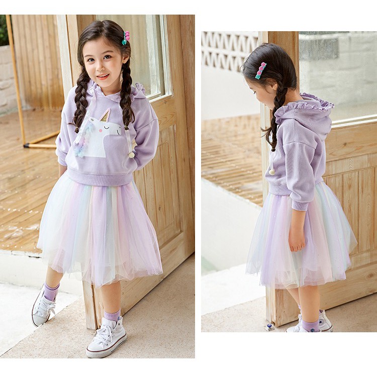 Setelan baju Sweater Hoodie Rok Tutu Rainbow Unicorn anak cewek import-Dress Unicorn anak Perempuan