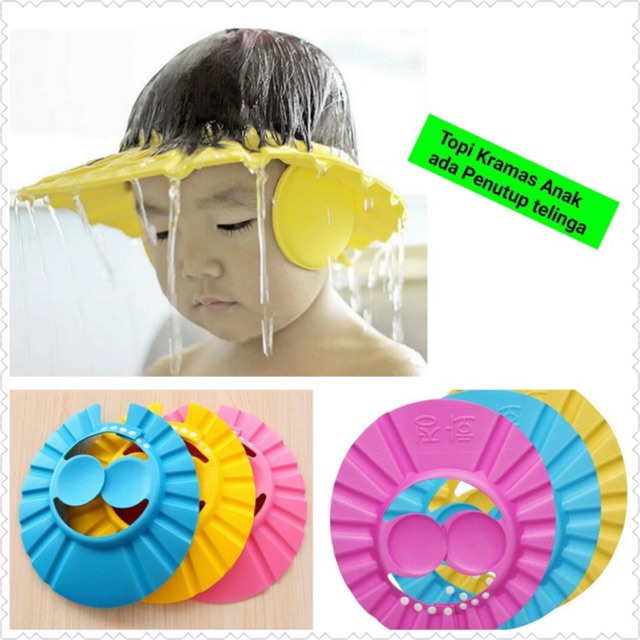 Topi keramas anak dengan penutup telinga shower cap for baby ok  god