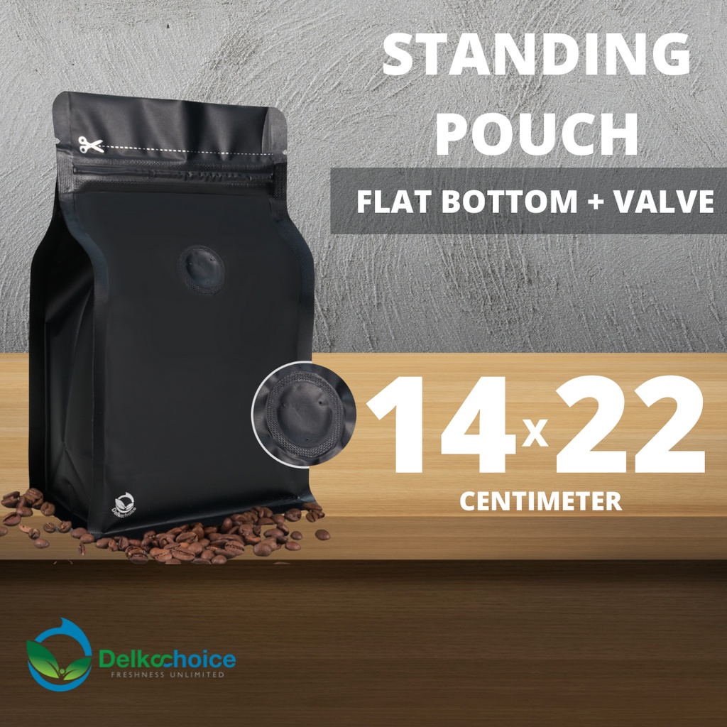 STANDING POUCH ZIPLOCK METALIZE HITAM FLAT BOTTOM VALVE DELKOCHOICE 14X22