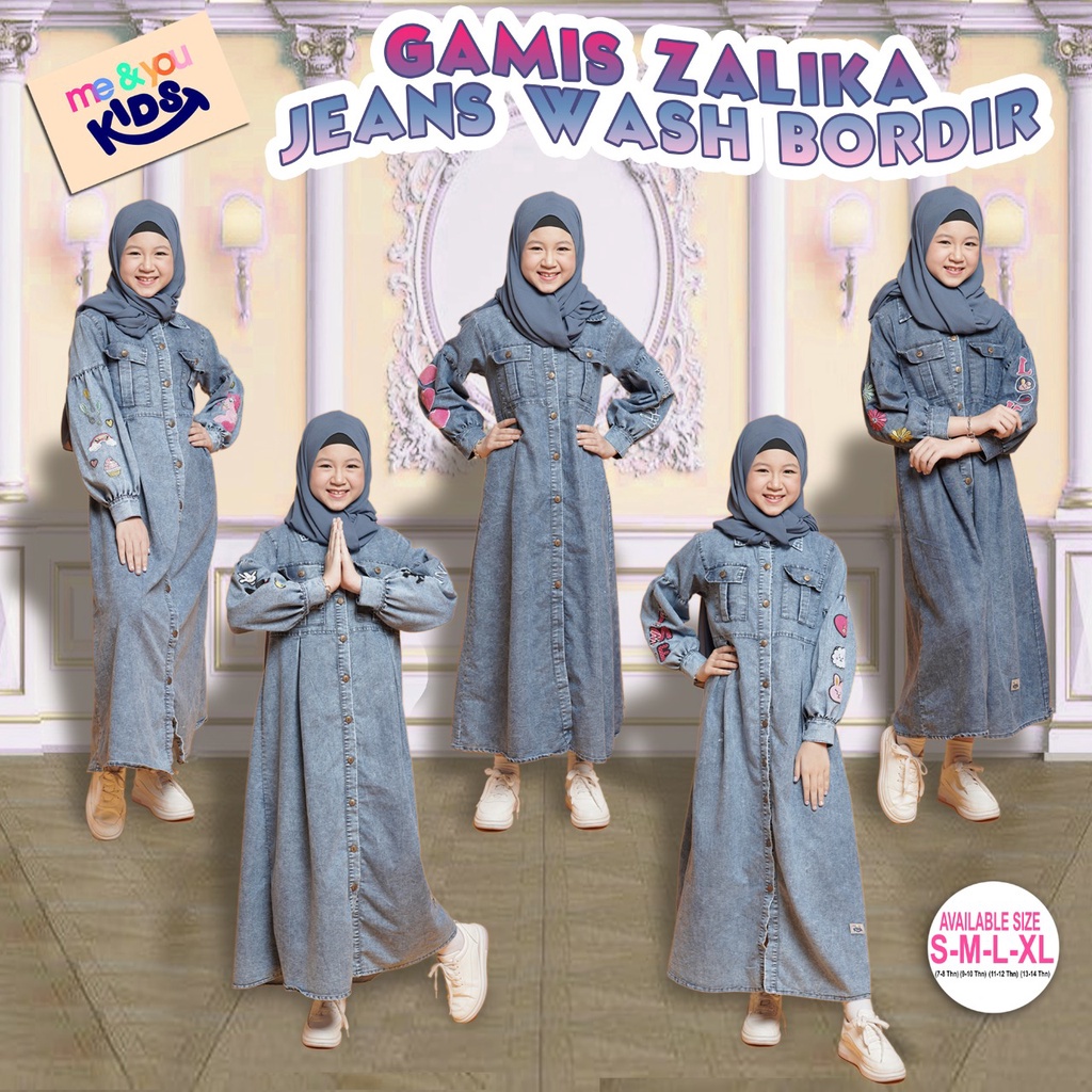 GAMIS ZALIKA JEANS WASH BORDIR KEREN - baju gamis long dress panjang anak cewek perempuan remaja tan