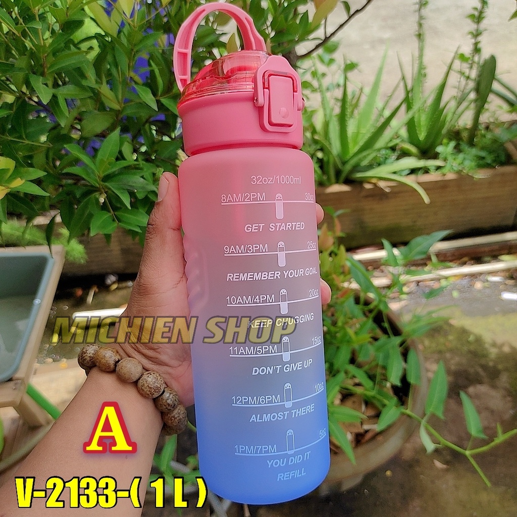 Botol Motivasi 1 Liter Tutup Flip + stiker Tempat Minum Air Anti Bocor