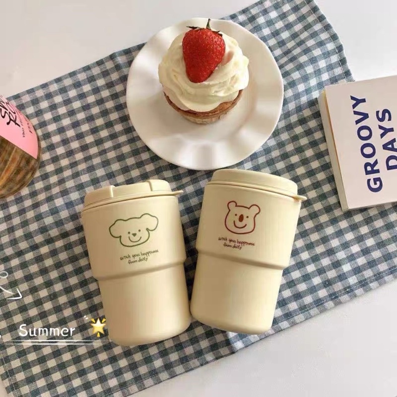 TUMBLER TEMPAT AIR MINUM ESTETIK LUCU / TERMOS COFFEE &amp; TEH / BOTOL MINUM KOPI TEH PANAS DINGIN ES DENGAN MOTIF BERUANG LUCU / PREMIUM  BOTTLE CUTE BEAR PUPPY / TUMBLR KOPI TEH