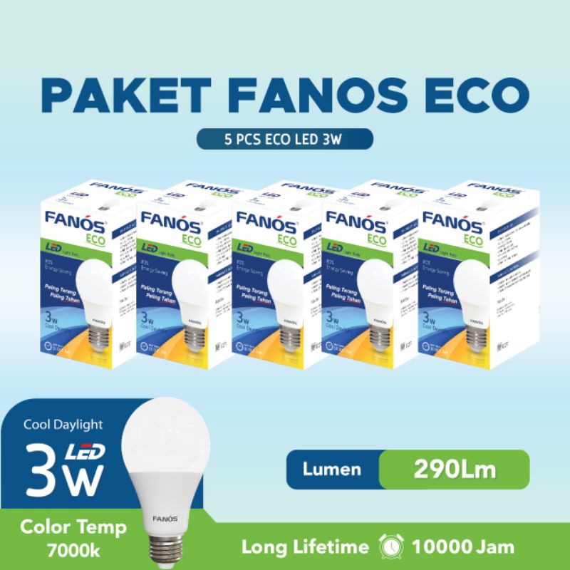 Paket 5 pcs Lampu Led Fanos Eco 3 watt Putih dan Kuning Garansi 1 Tahun