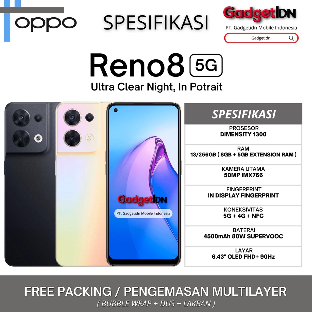 OPPO RENO 8 5G 13/256GB ( 8GB + 5GB EXTENSION RAM ) GARANSI RESMI OPPO