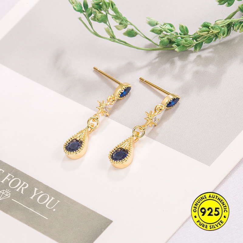 Anting Tusuk Lapis Emas 18K Hias Berlian Biru Gaya Vintage Untuk Wanita