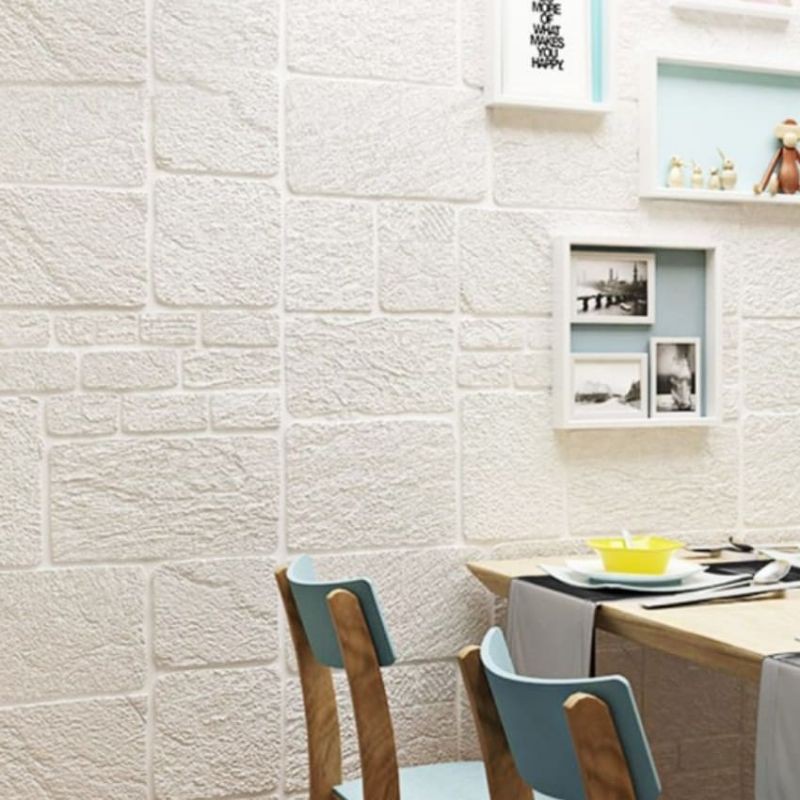 wallpaper sticker foam 3D permukaan timbul batu alam putih elegan
