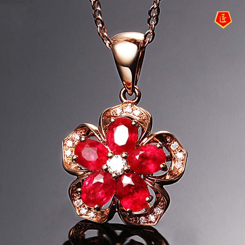 [Ready Stock]Ruby Rose Flower Pendant 18K Rose Gold Simple Elegant Accessories