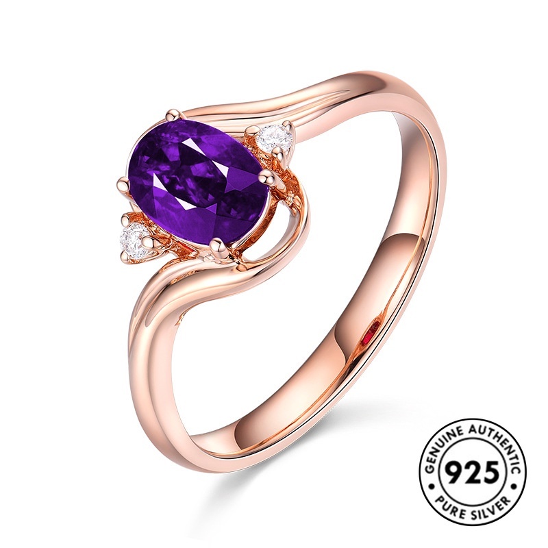 Cincin Sterling Silver 925 Dengan Batu Amethyst Warna Rose Gold Elegan Untuk Wanita