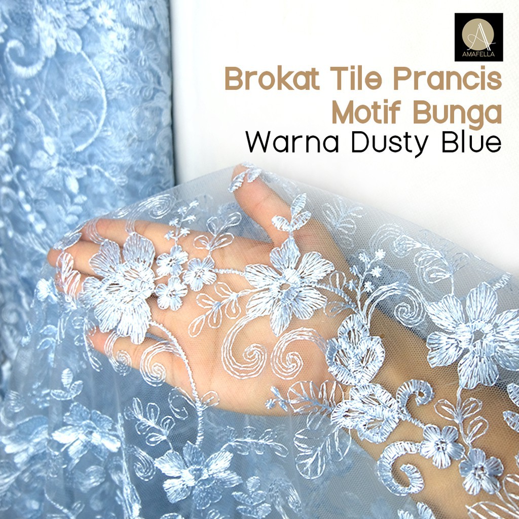 1/2 meter Kain Brokat Tile Prancis Bahan Kebaya Motif Bunga Dusty Blue