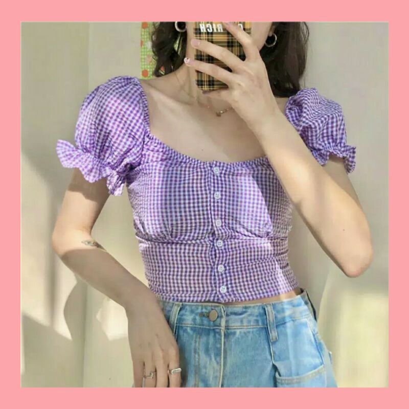 CROP TOP KOREA STYLE - MOTIF KOTAK