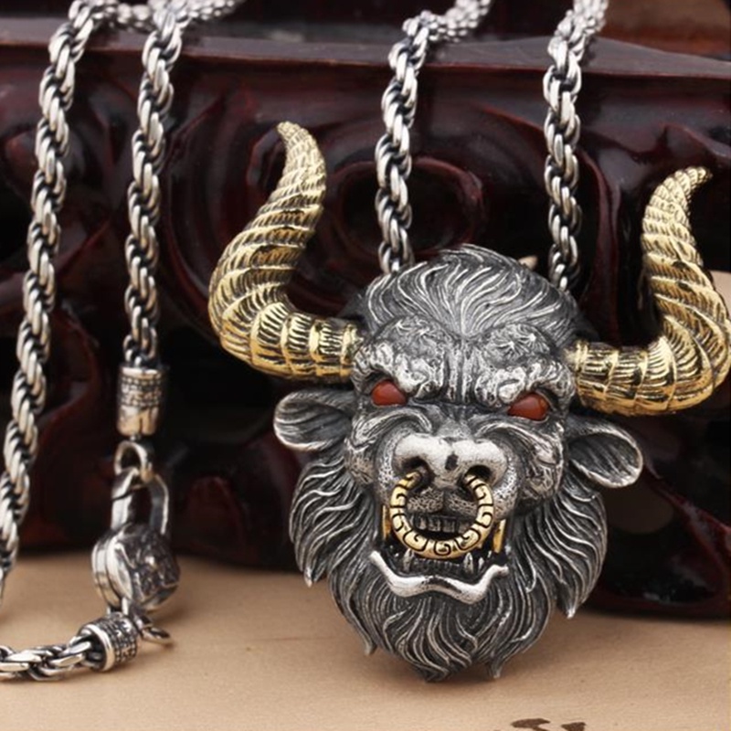 Kalung Liontin Kepala Banteng Gaya Retro Punk Nordic Klasik Untuk Pria