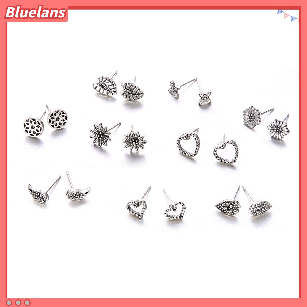 9 Pasang / Set Anting Stud Desain Hati Daun Bunga Gaya Retro Bohemia Untuk Wanita