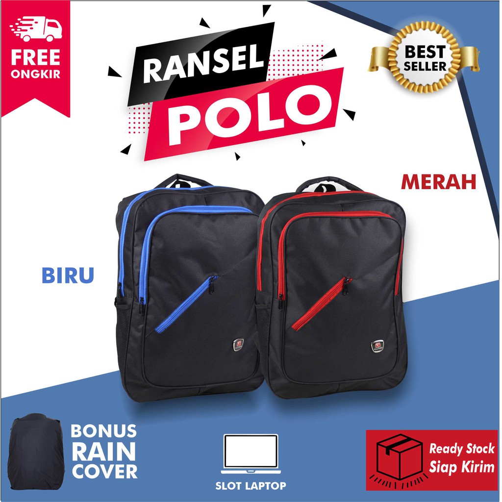 Tas Gendong Polo Hitam Pria SMP SMA Backpack Punggung Laptop Cowok Nyaman Berkualitas Bagus Keren