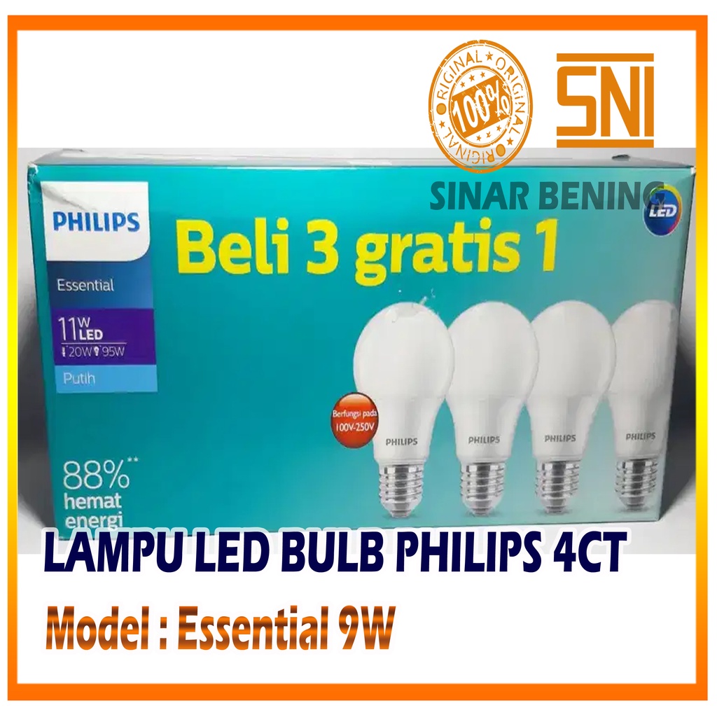 Jual 3 BONUS 1 PHILIPS 9W LED ESSENTIAL (@4Pcs) | Shopee Indonesia